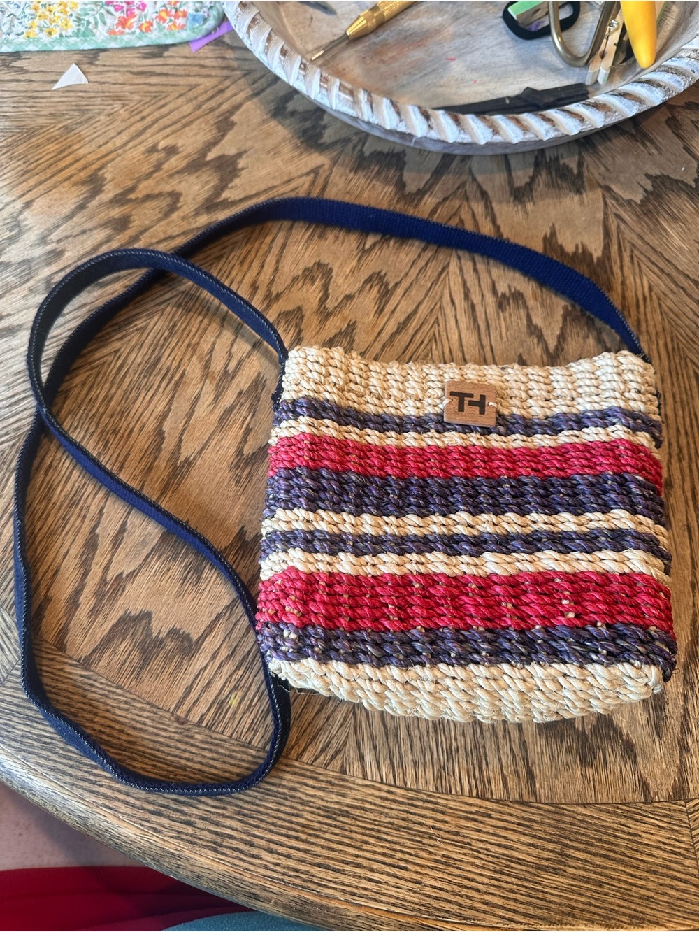 Tommy Hilfiger Red & Navy Striped Woven Crossbody Bag